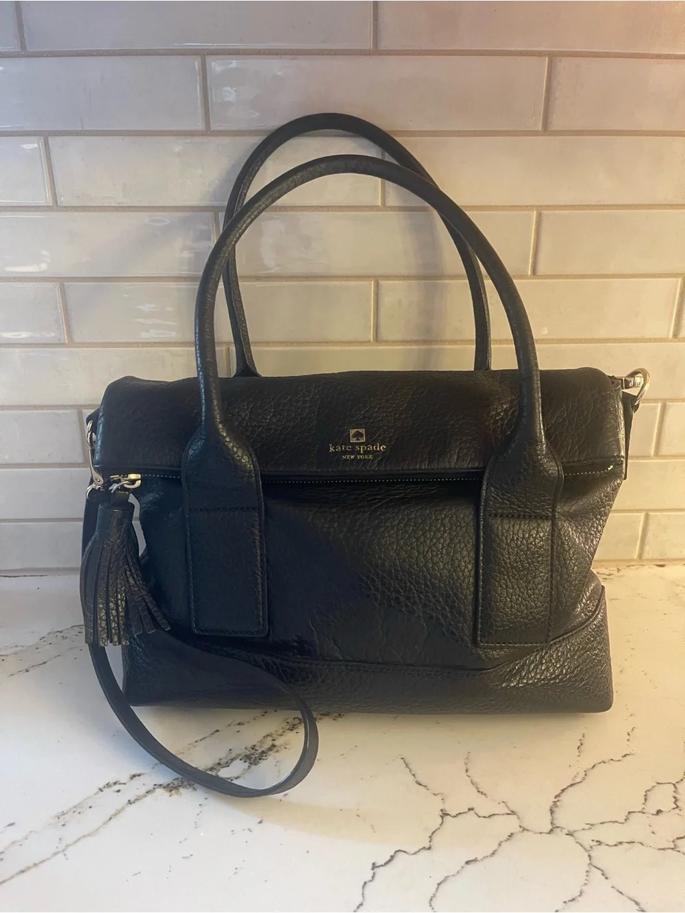kate spade Southport Avenue Carmen Black Pebbled Leather Satchel with Tassel